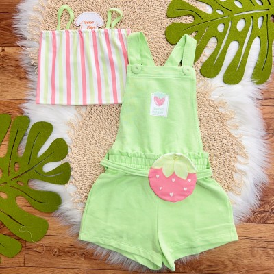 Conj. Cropped Listrado e Jardineira Curta com Pochete de Morango - Verde Neon